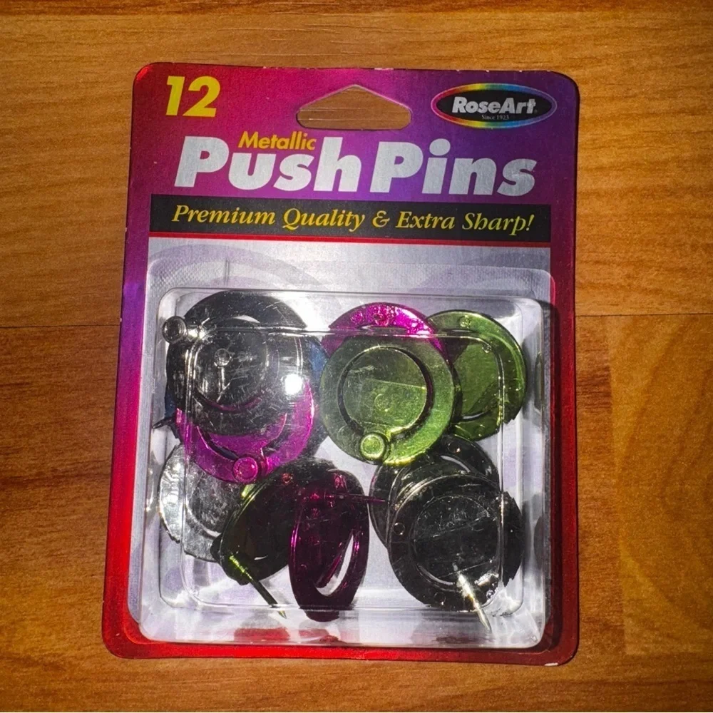 Vintage Y2K RoseArt Metallic Push Pins 12 Pack Various Colors Super Rare And HTF
